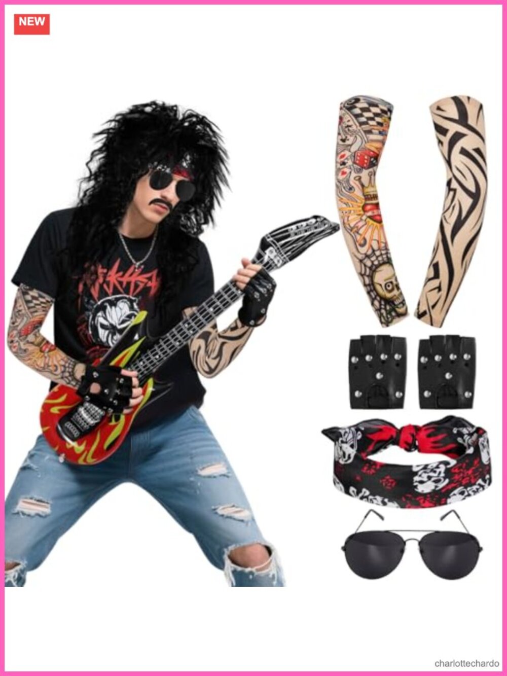 Men 80s Rocker Costume Set Wig Tattoo Sleeves Gloves Inflatable Guitar Punk